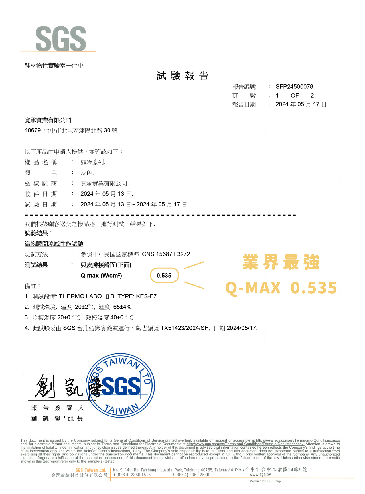 SGS檢驗報告Qmax值0.535業界最高